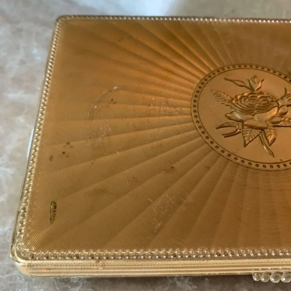 Vintage Gold Colored Plastic Box With Embossed Rose On Top